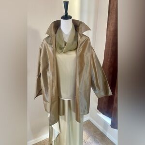 Zoran Vintage Designer 100% Silk Taupe Jacket, Mid-Length, Open Front